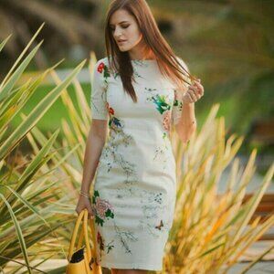Floral Sheath Pencil Fitted White Dress Women XS
